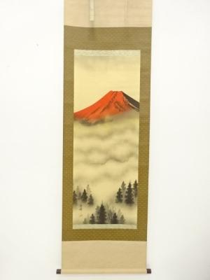 秀峰筆　赤富士　肉筆絹本掛軸